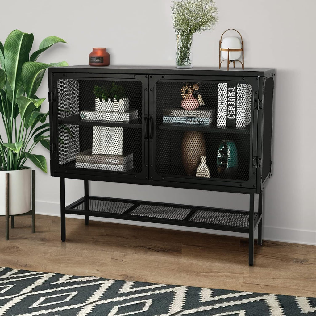 Industrial Cabinet Console Table with 2 Mesh Doors Adjustable Shelf and Feet Bottom Shelf Anti-Tip Dust-Free Kitchen Credenza Sideboard Frosted Q808557