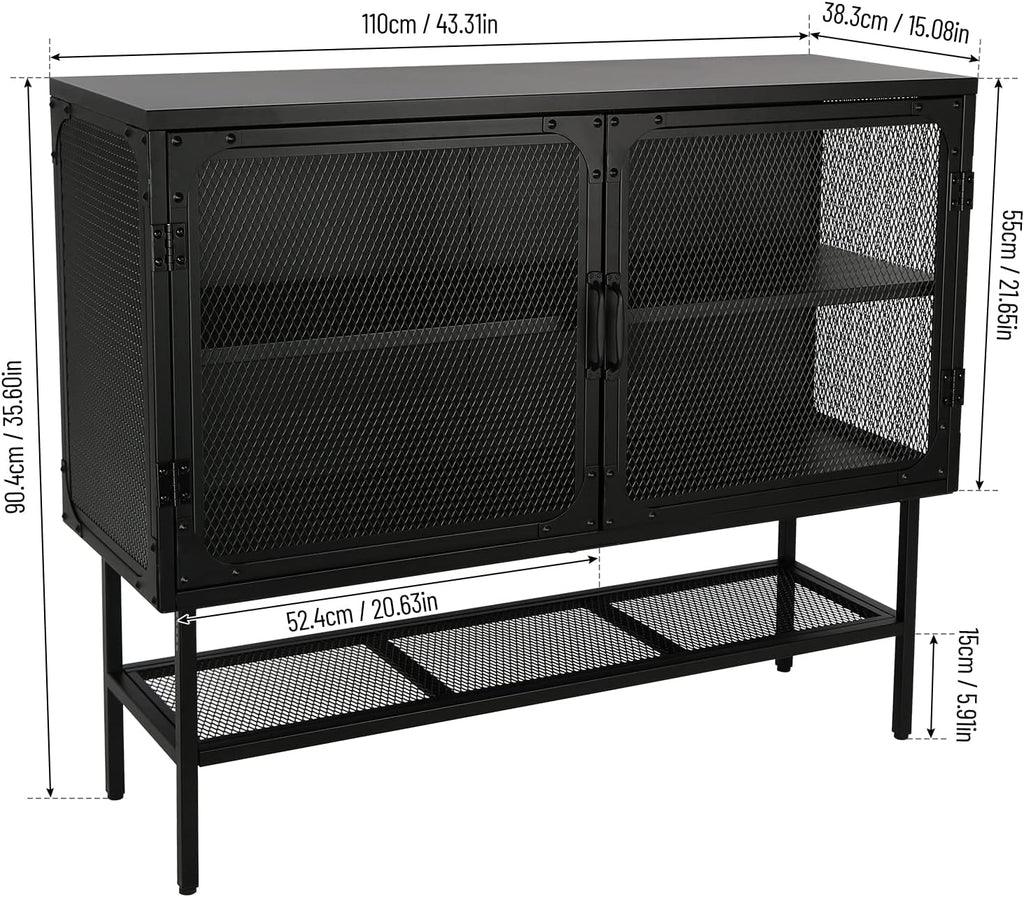 Industrial Cabinet Console Table with 2 Mesh Doors Adjustable Shelf and Feet Bottom Shelf Anti-Tip Dust-Free Kitchen Credenza Sideboard Frosted Q808557