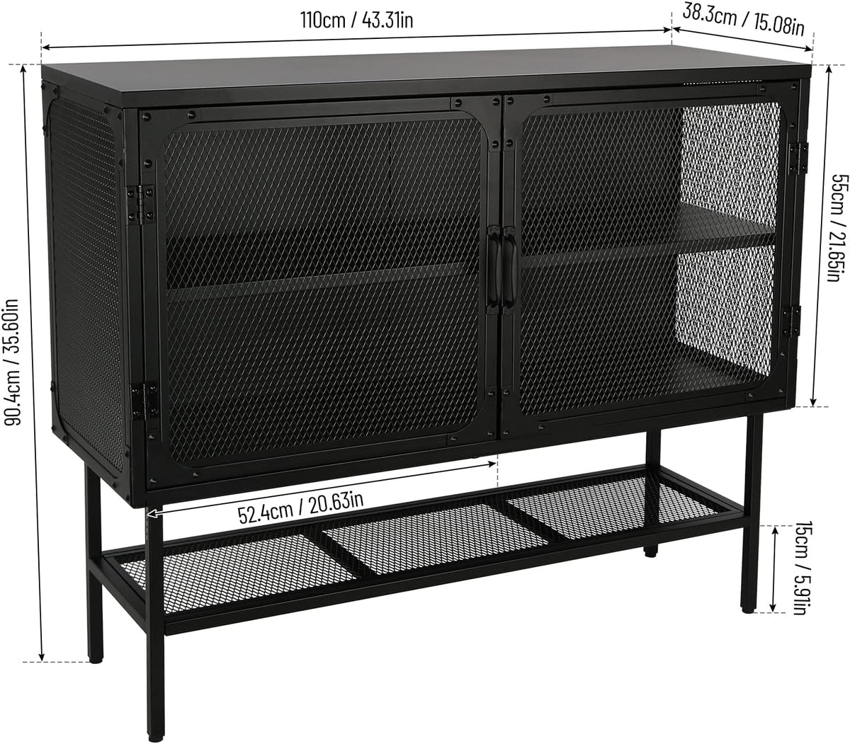 Industrial Cabinet Console Table with 2 Mesh Doors Adjustable Shelf and Feet Bottom Shelf Anti-Tip Dust-Free Kitchen Credenza Sideboard Frosted Q808557