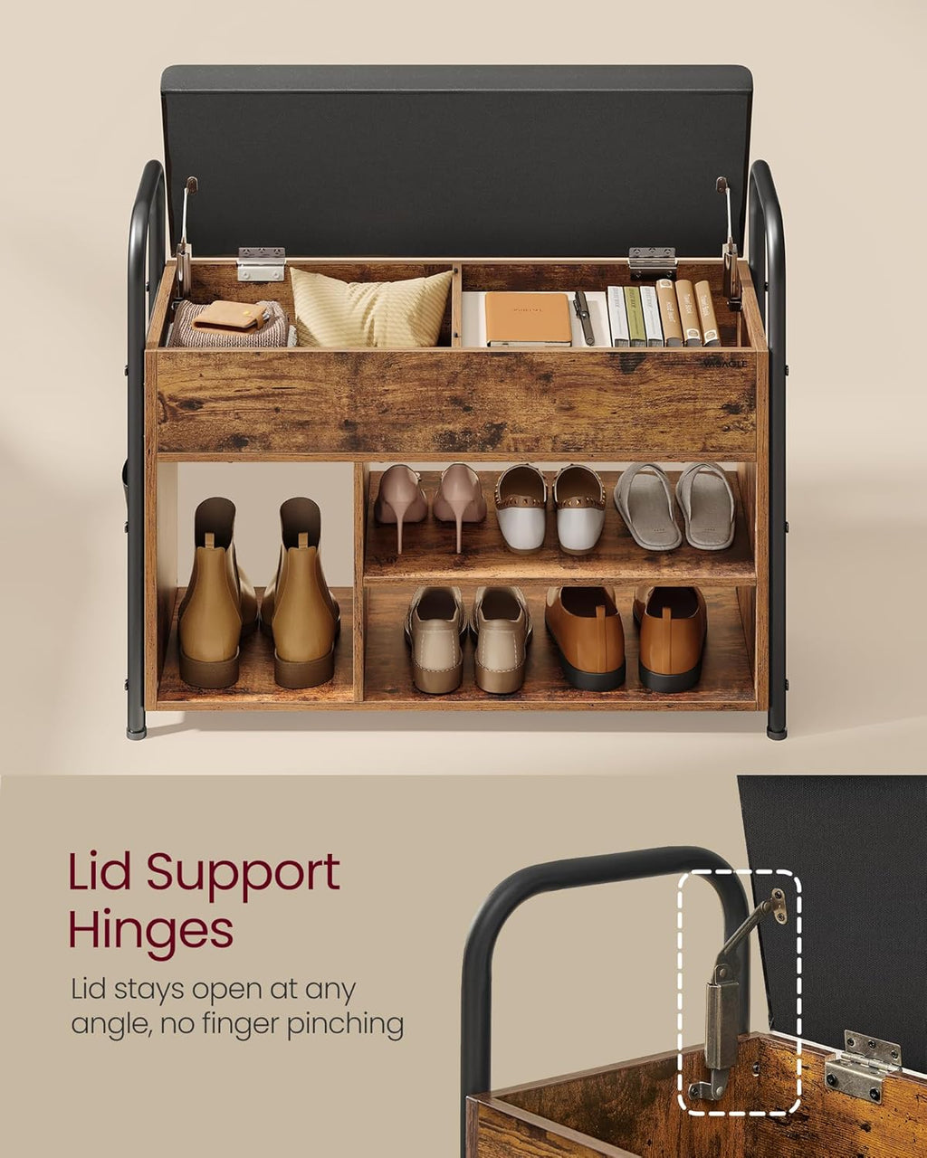 Rustic Brown and Ink Black Shoe Bench with Storage L3936