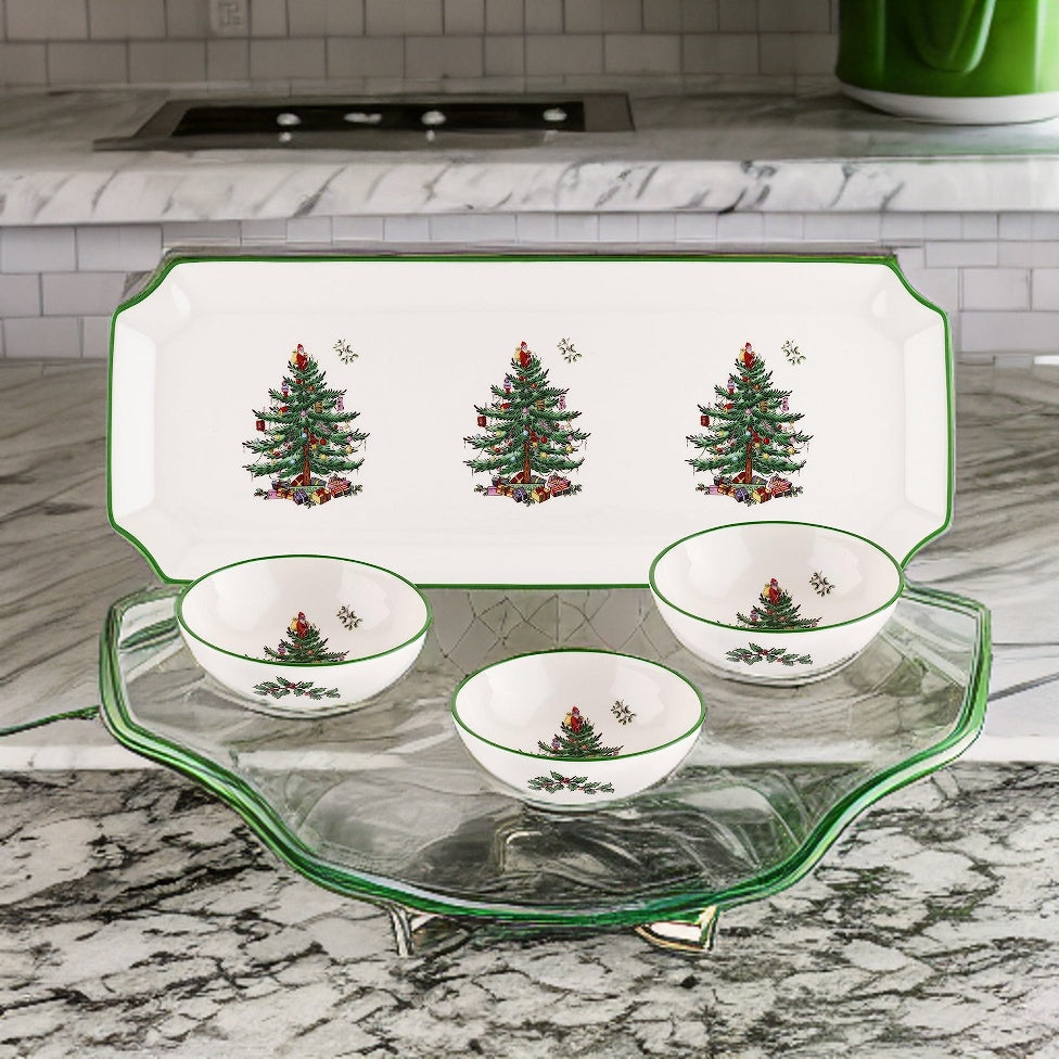 4 Piece Rectangular Tray with 3 Dip Bowls, Fine Earthenware P51604