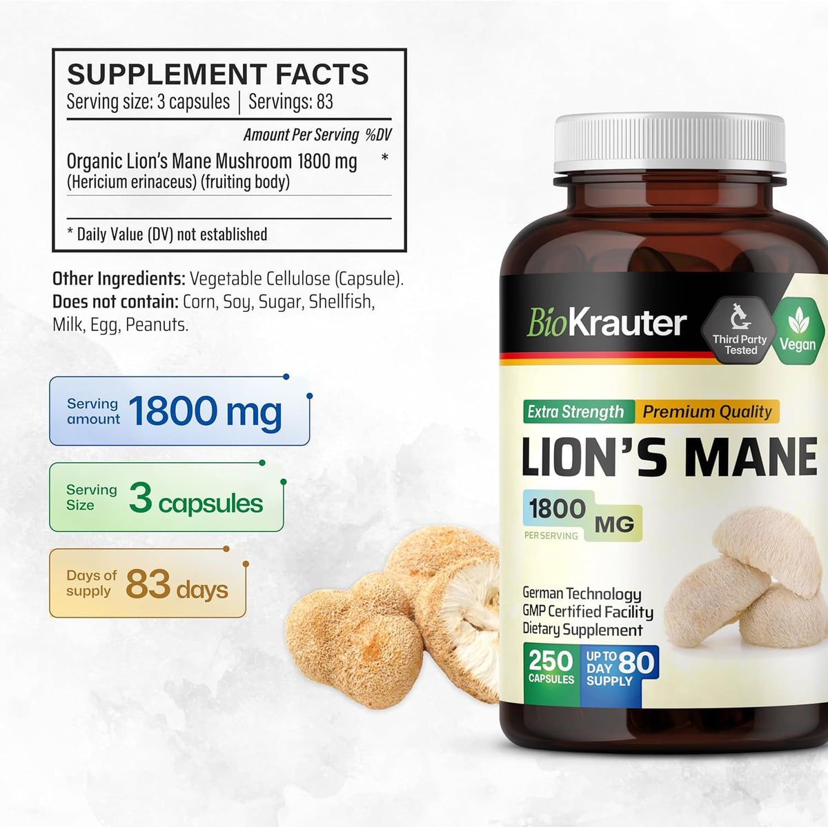 Vegan Organic Lion's Mane Mushroom Supplement Capsules Z3711