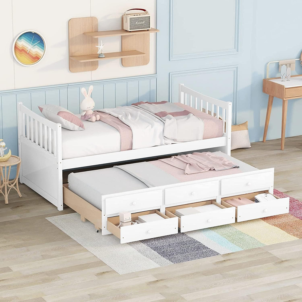 Twin White Wood Daybed with Trundle and Storage Drawers K68173