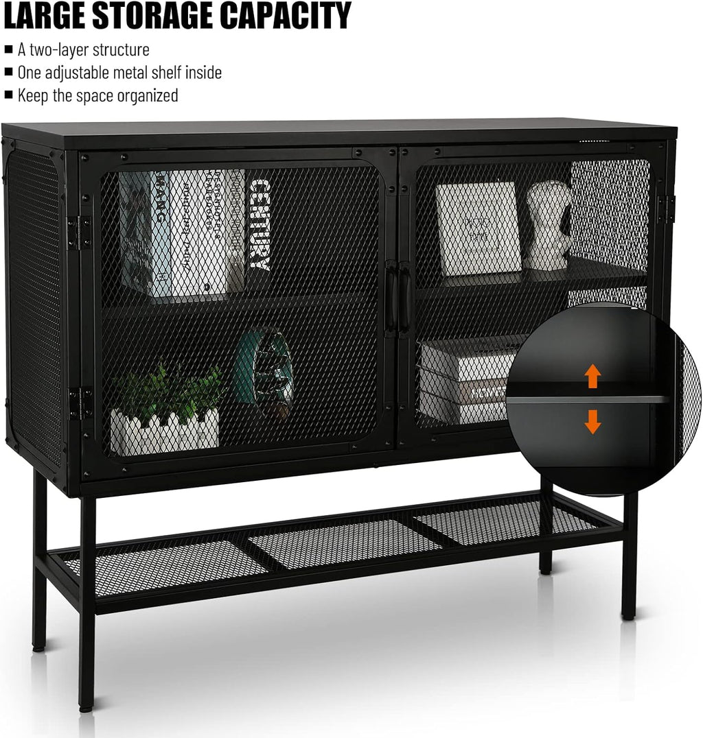Industrial Cabinet Console Table with 2 Mesh Doors Adjustable Shelf and Feet Bottom Shelf Anti-Tip Dust-Free Kitchen Credenza Sideboard Frosted Q808557