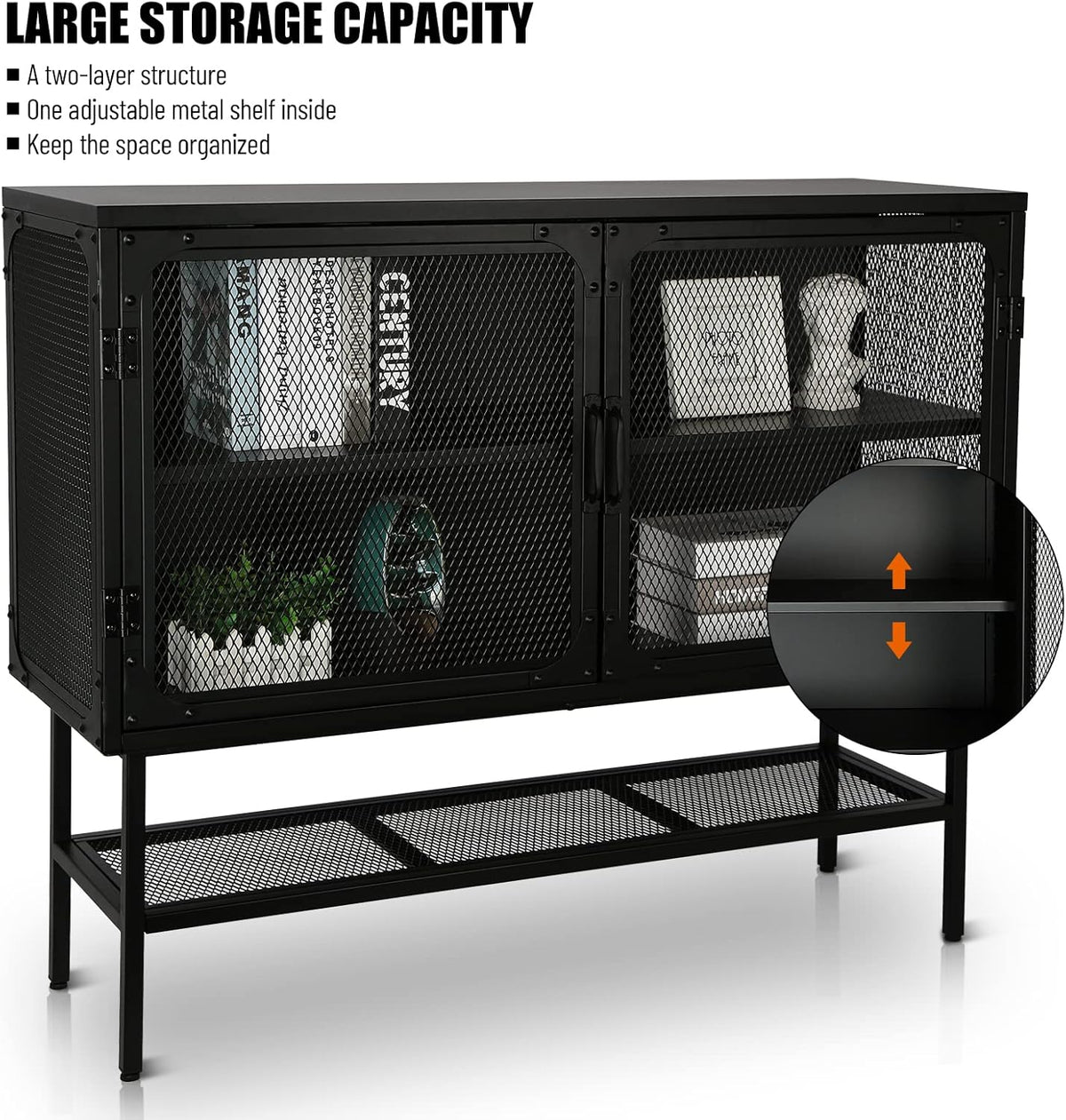Industrial Cabinet Console Table with 2 Mesh Doors Adjustable Shelf and Feet Bottom Shelf Anti-Tip Dust-Free Kitchen Credenza Sideboard Frosted Q808557