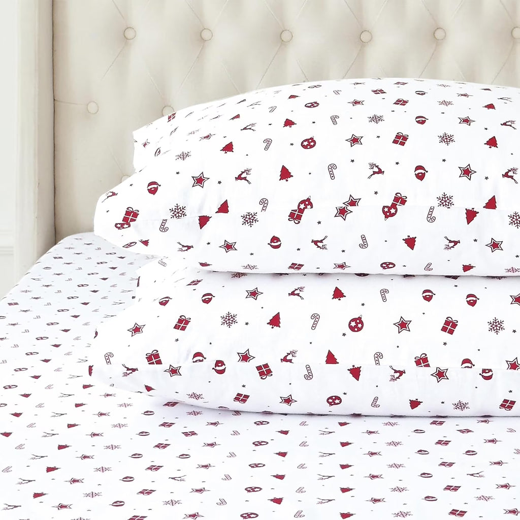 King Flannel Sheets - 4-Piece 100% Turkish Cotton, Red Stars, Deep Pocket R964