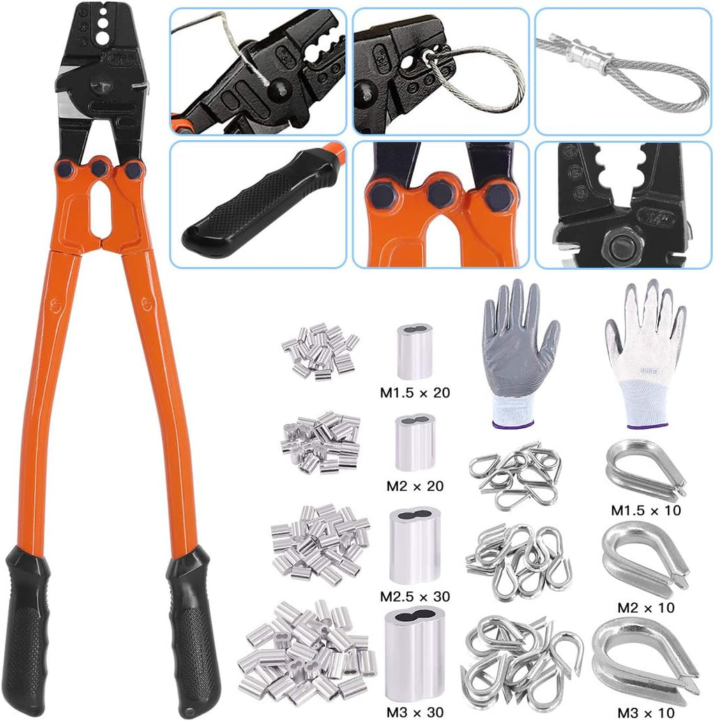 132Pcs Wire Rope Crimping Tool with Crimp Ferrules, Thimbles and Gloves C100376