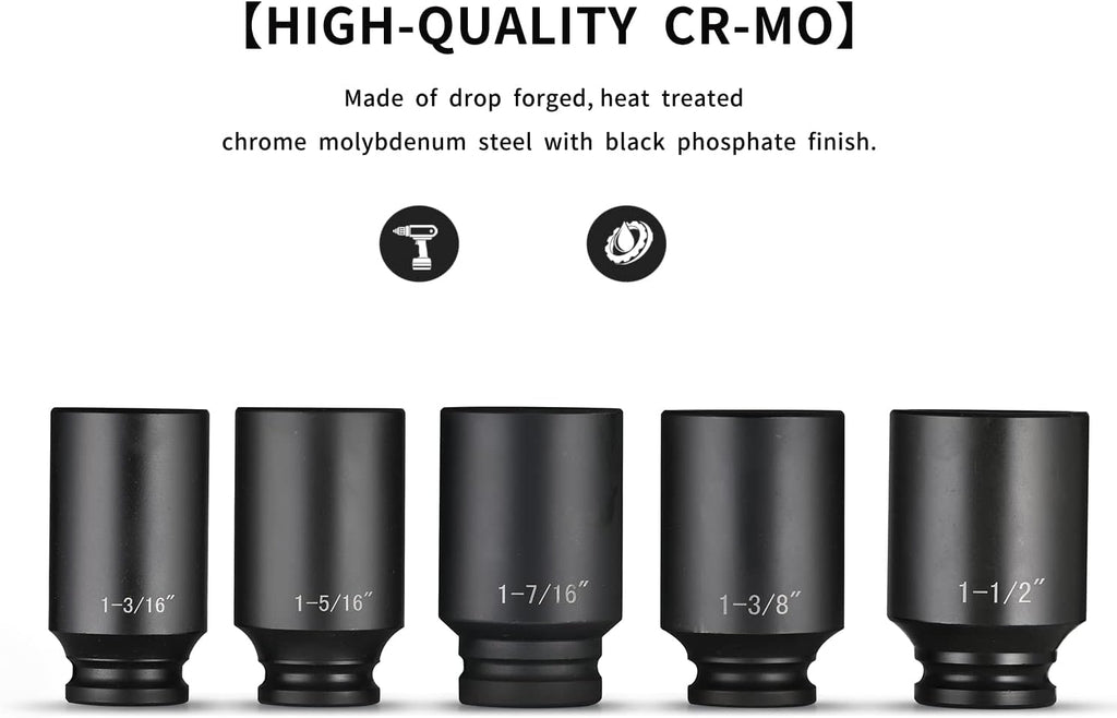 1/2 Inch Deep Impact Socket Set, 12-Point, 5 PCS, Cr-Mo, with Storage Case U127955