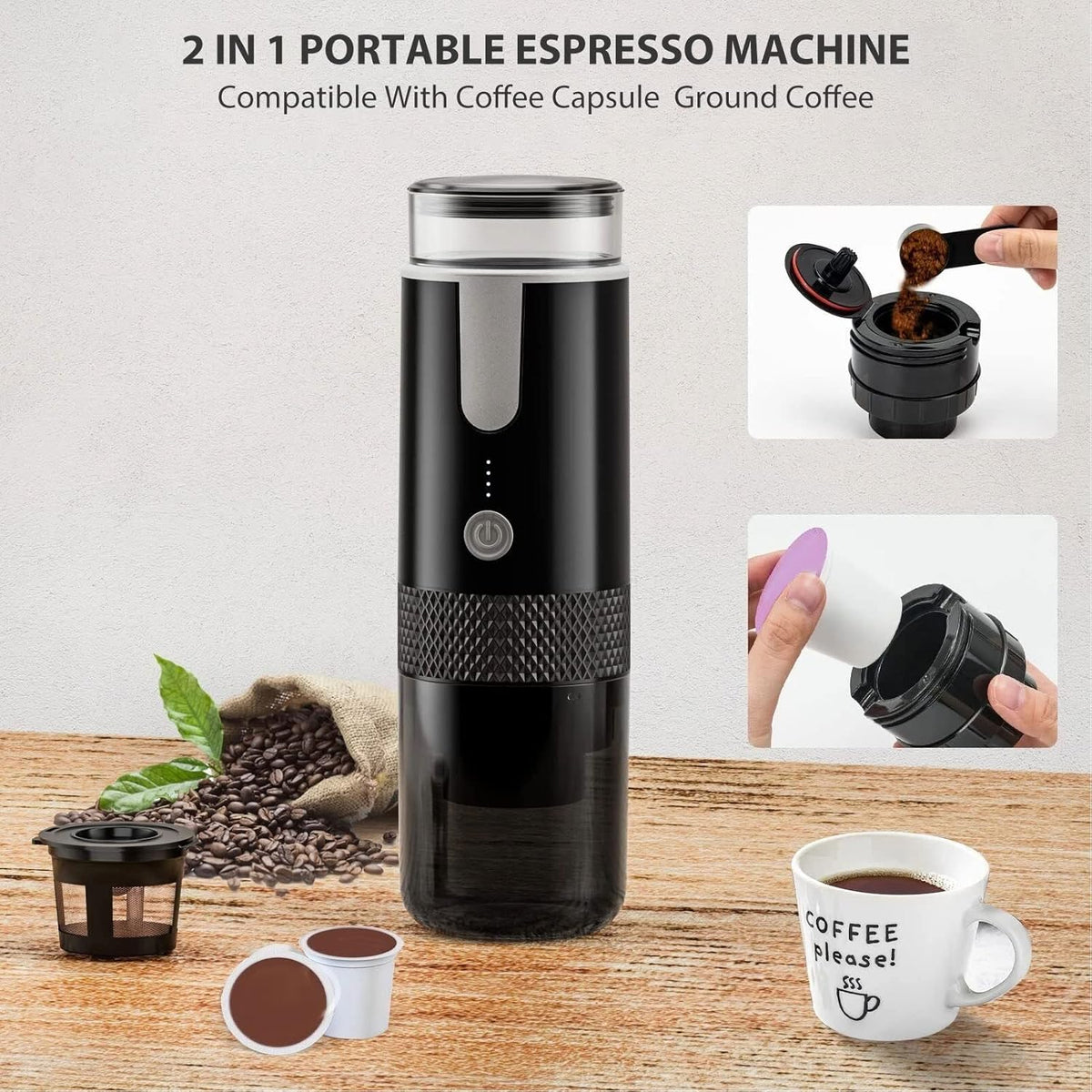 Portable Espresso Machine, Travel Coffee Maker Compatible with K Cup Capsules & Ground Coffee, 1200mah Battery, Handheld Single Serve Coffee Machine C948