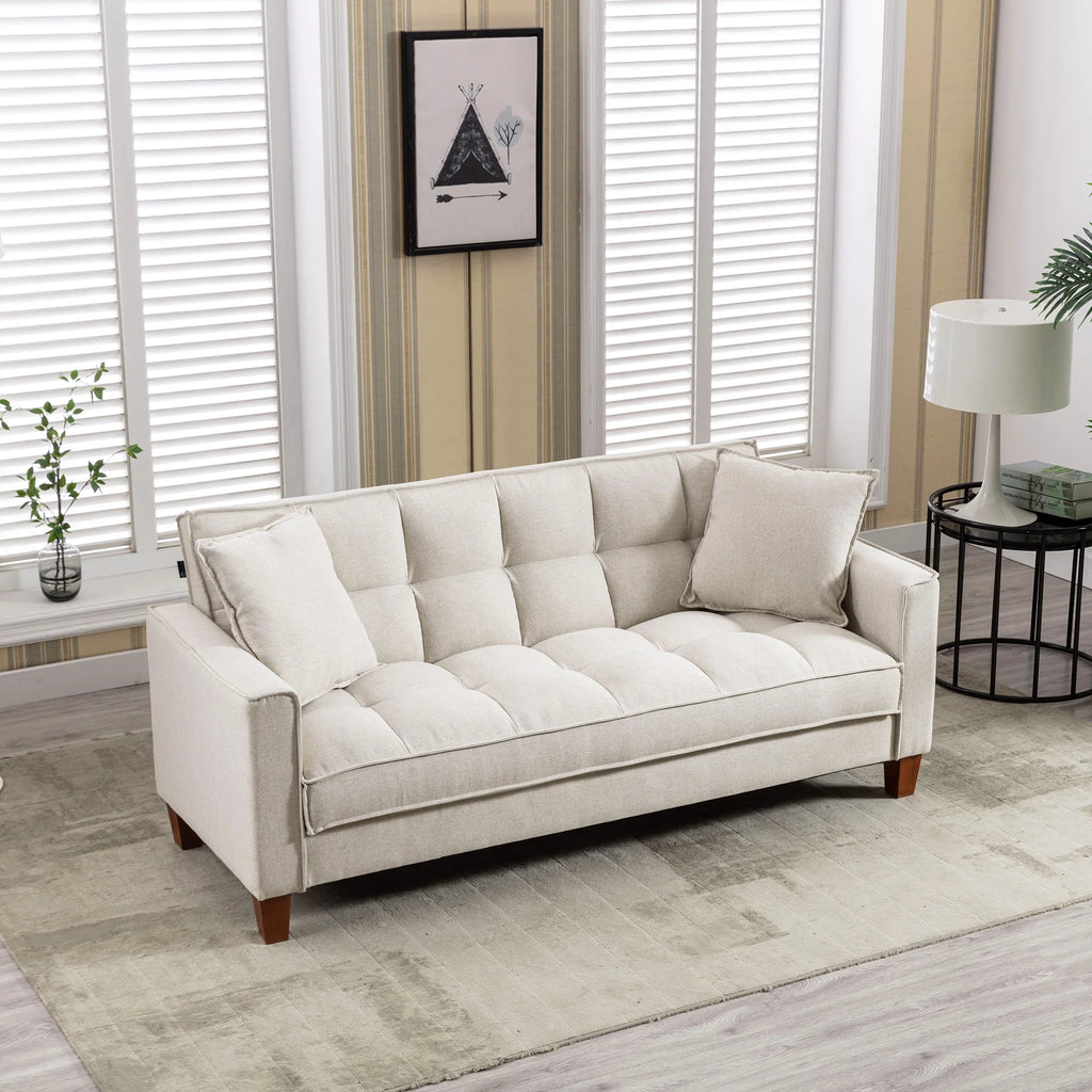 Mid-Century Linen Love Seat Sofa with 2 Pillows and Solid Wood Legs N724