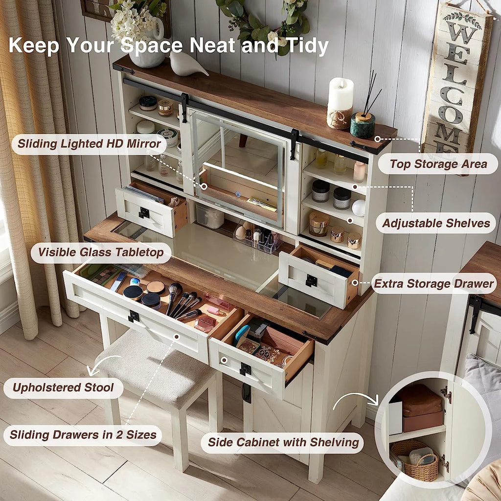 White Vanity Set with Sliding Mirror and Lights M385