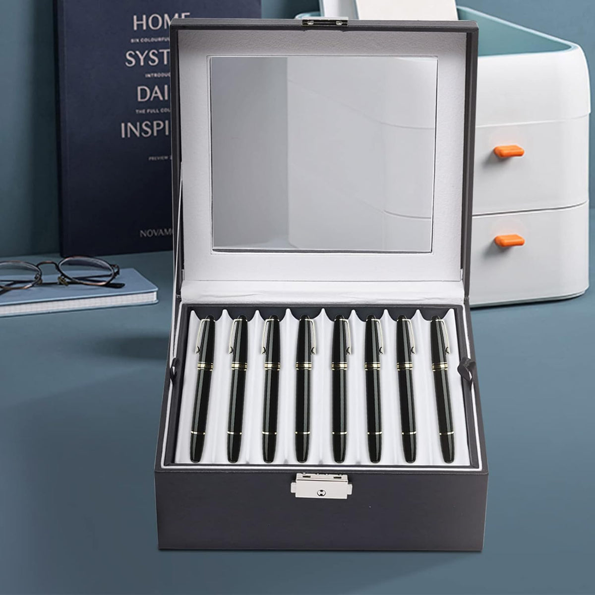 16 Slots Leather Pen Display Box Pen Collector Case with Transparent Window Pack of 2 Y310139