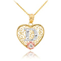 14K Yellow Gold Filigree Heart Initial CZ Pendant Necklace with 18" Chain G436