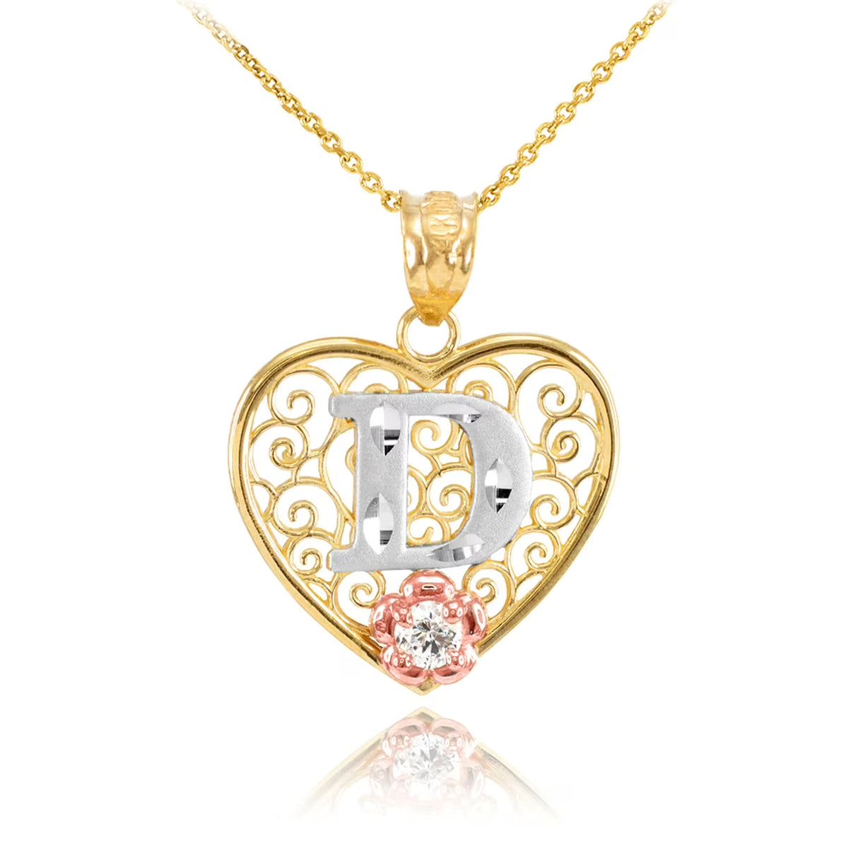 14K Yellow Gold Filigree Heart Initial CZ Pendant Necklace with 18" Chain G436