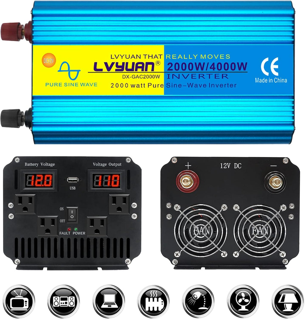 4000W Pure Sine Wave Power Inverter 12V DC to 110V 120V AC with 4 AC Outlets and 3.1A USB Port V9502