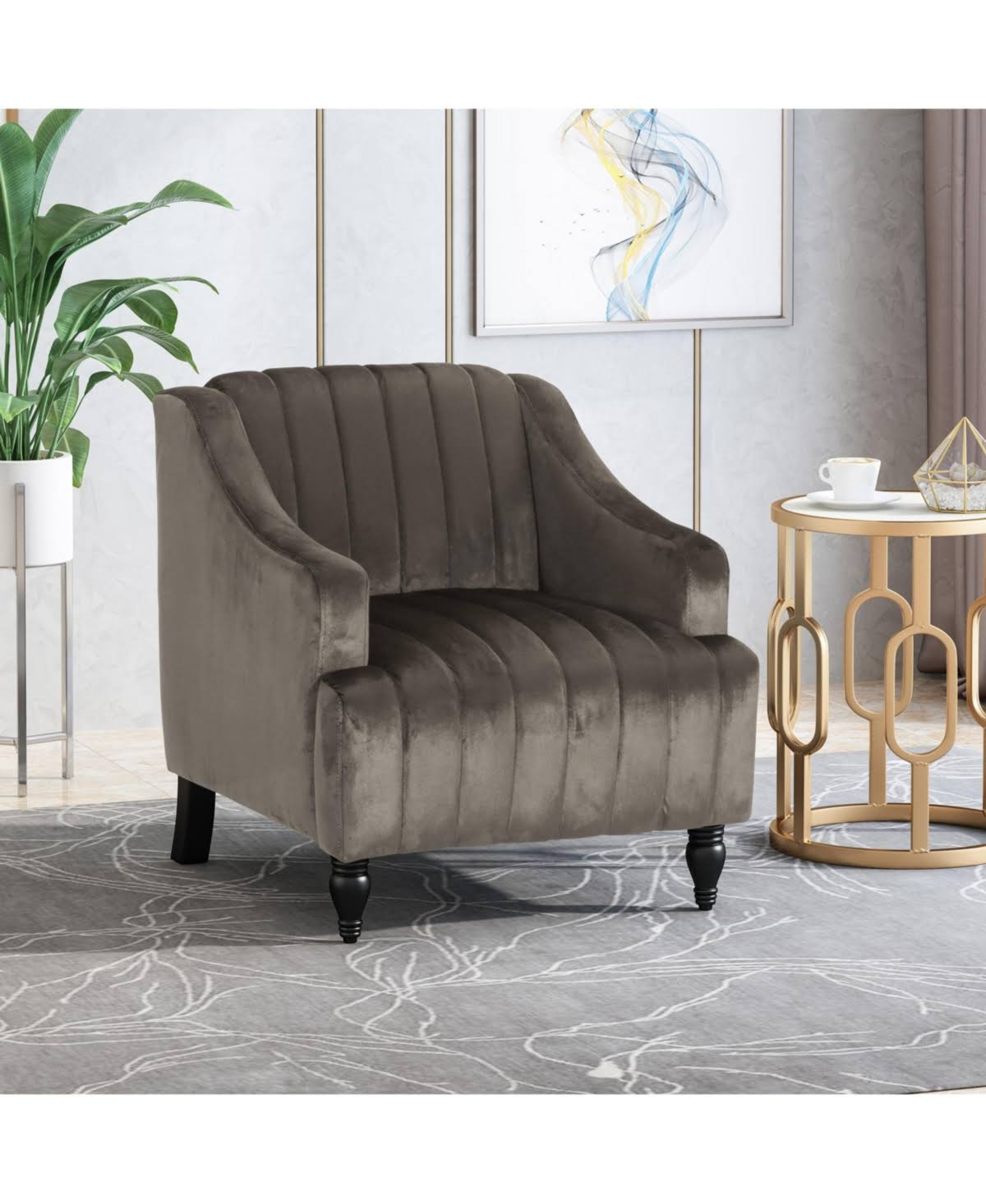 Gray and Dark Brown Velvet Club Chair H5120