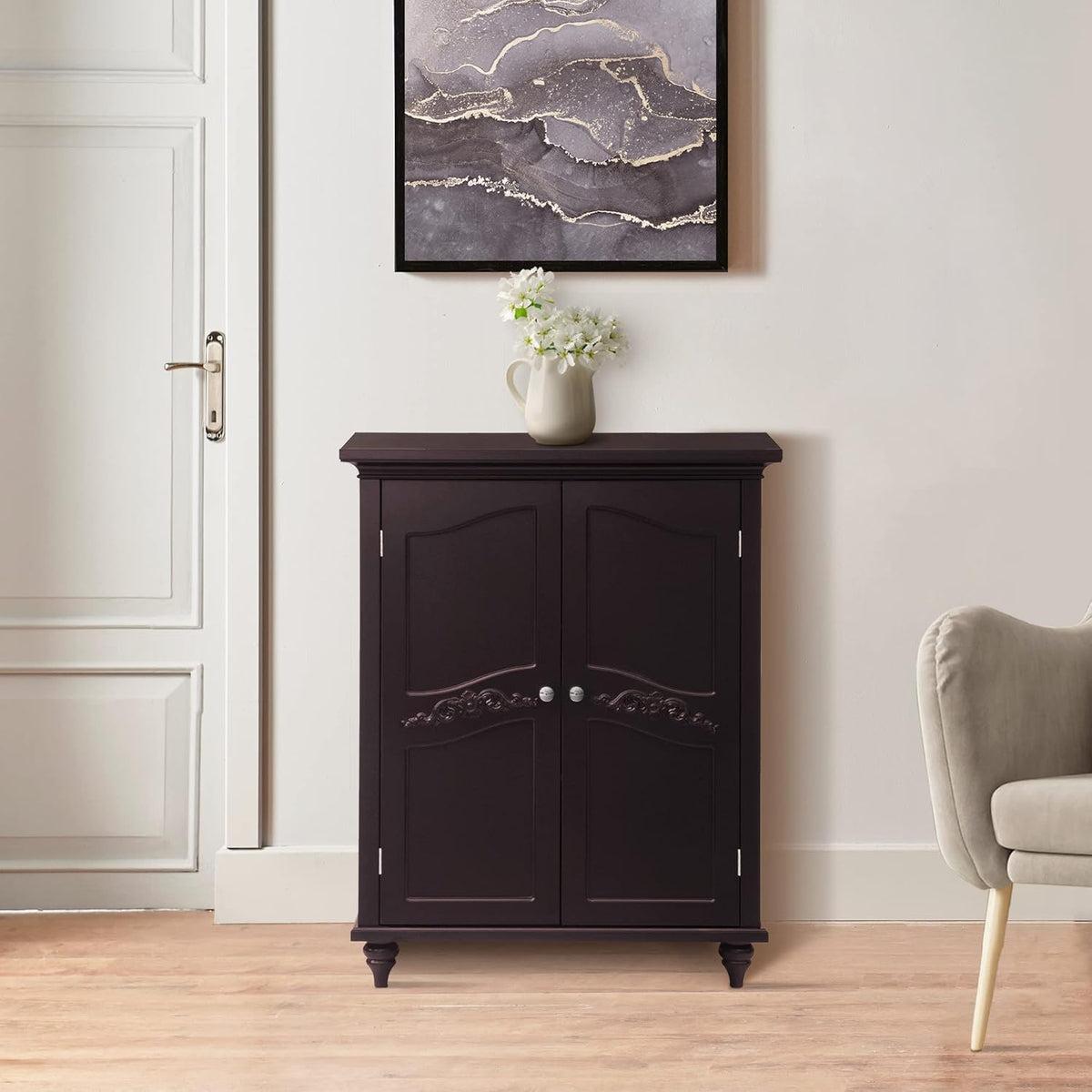 Freestanding Floor Cabinet with 2 Floral Scroll Doors and 2 Adjustable Shelves, Dark Espresso M346