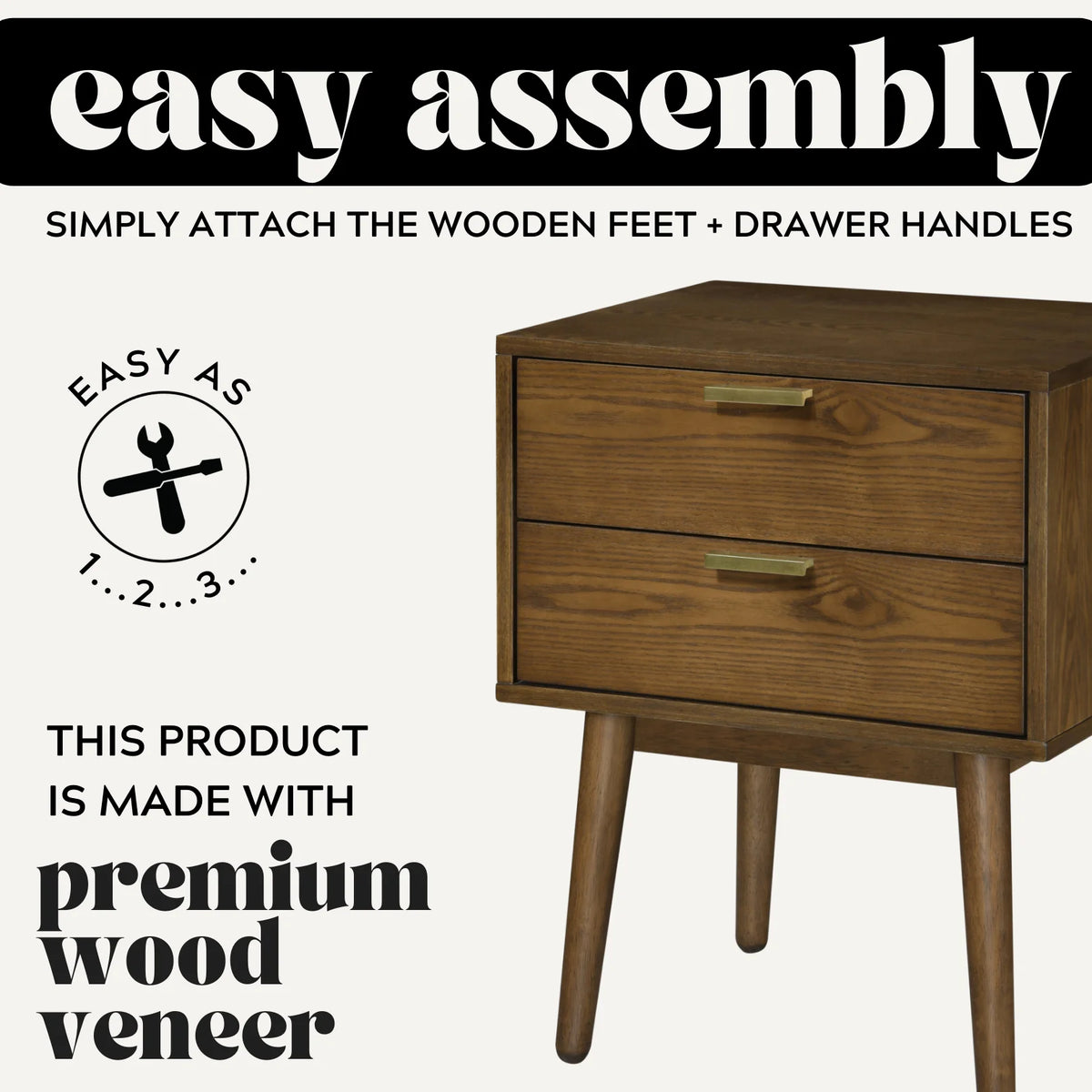 Walnut & Gold Two Drawer Nightstand U452