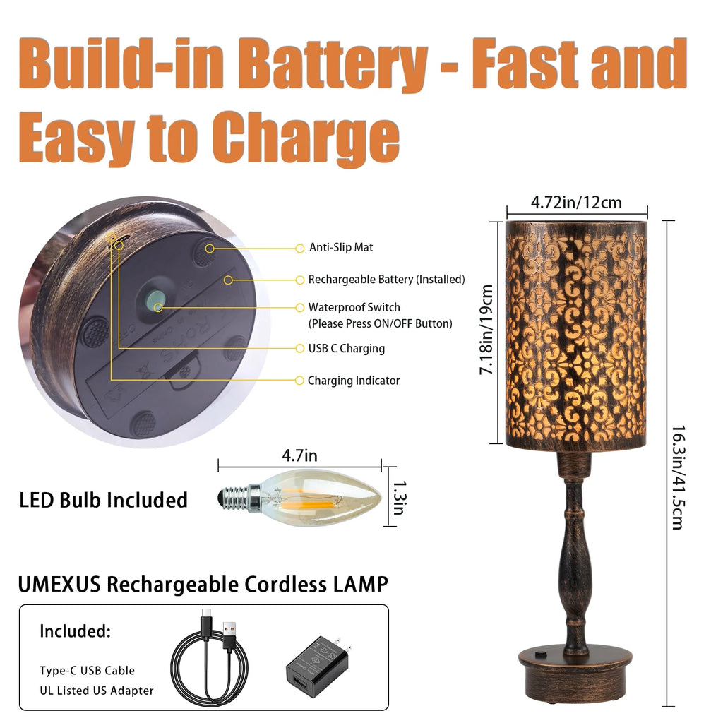 16.5'' Metal Cordless Rechargeable Touch Control Dimmable Table Lamp J11774