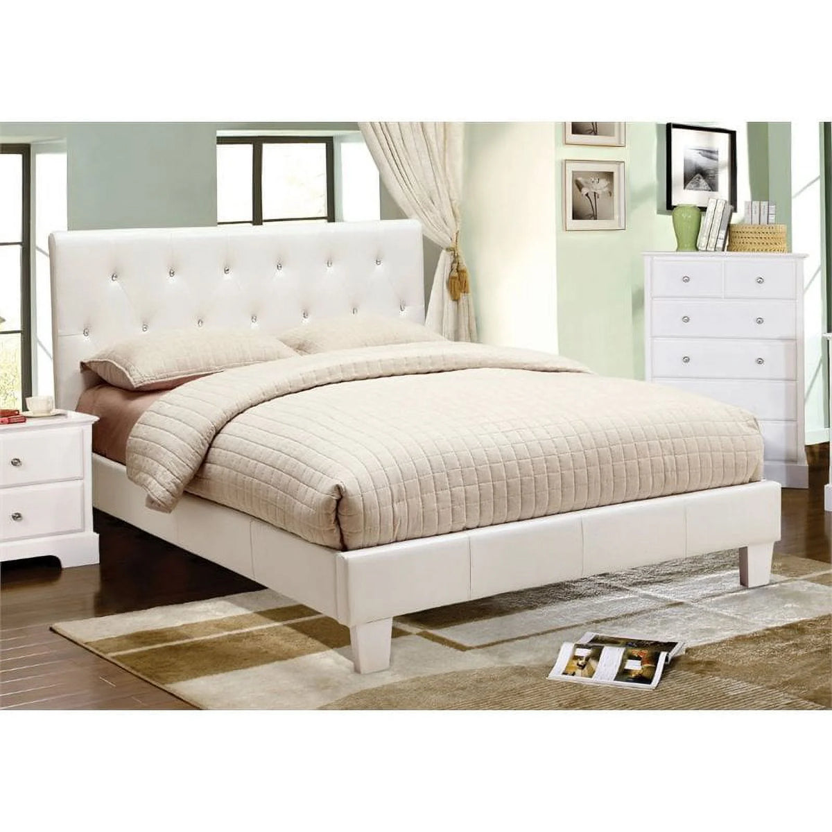 White Faux Leather Queen Platform Bed F6823