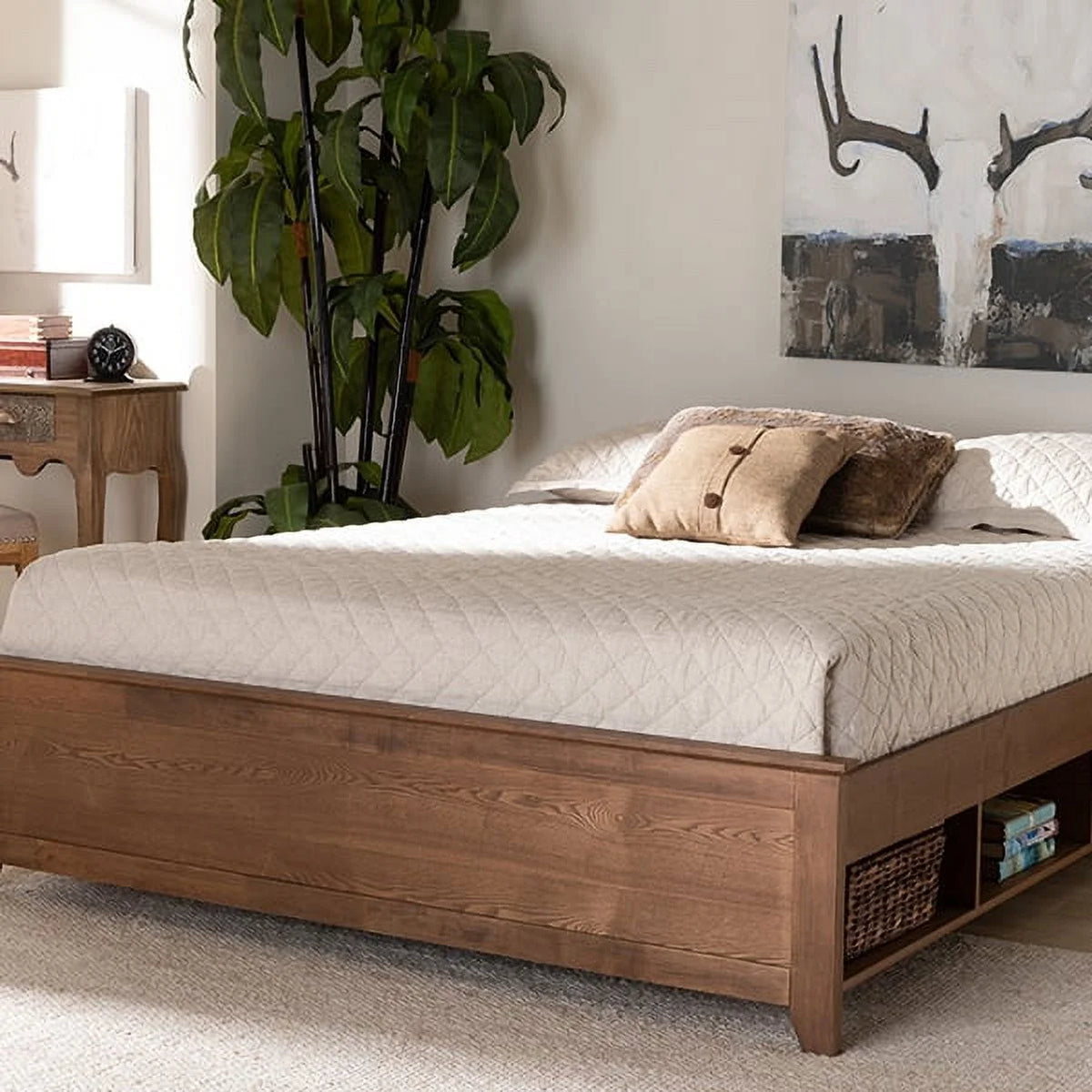 Queen Size Ash Walnut Brown Wood Storage Bed Frame Q1821