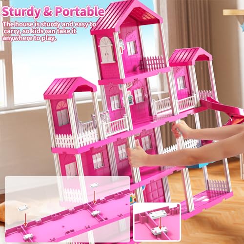 Pink Girl House Playset with 4 Storeys 10-Room and 2 Dolls Q379