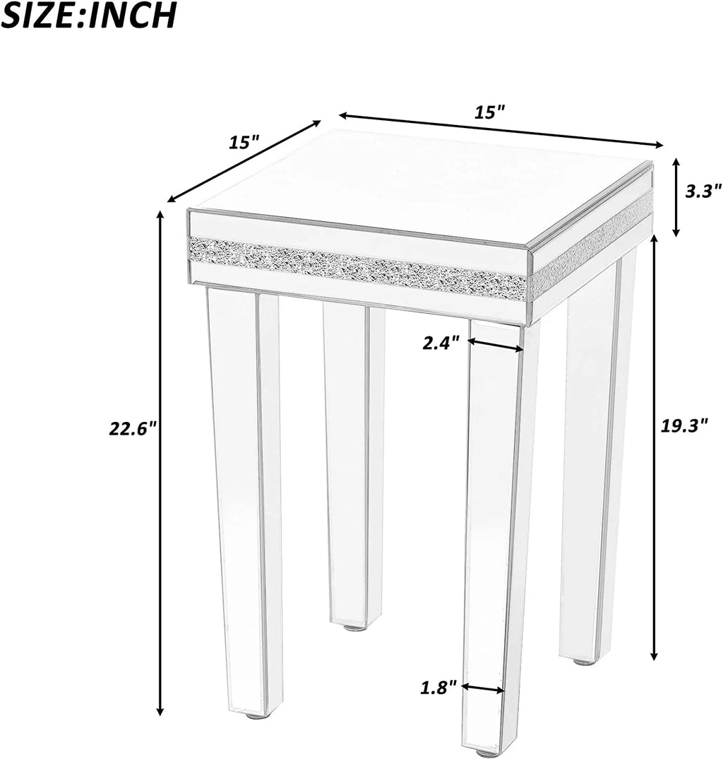 Modern Glass Mirrored Side Table with Crystal Design and Adjustable Height Legs Y696