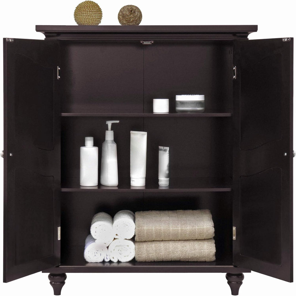 Freestanding Floor Cabinet with 2 Floral Scroll Doors and 2 Adjustable Shelves, Dark Espresso M346