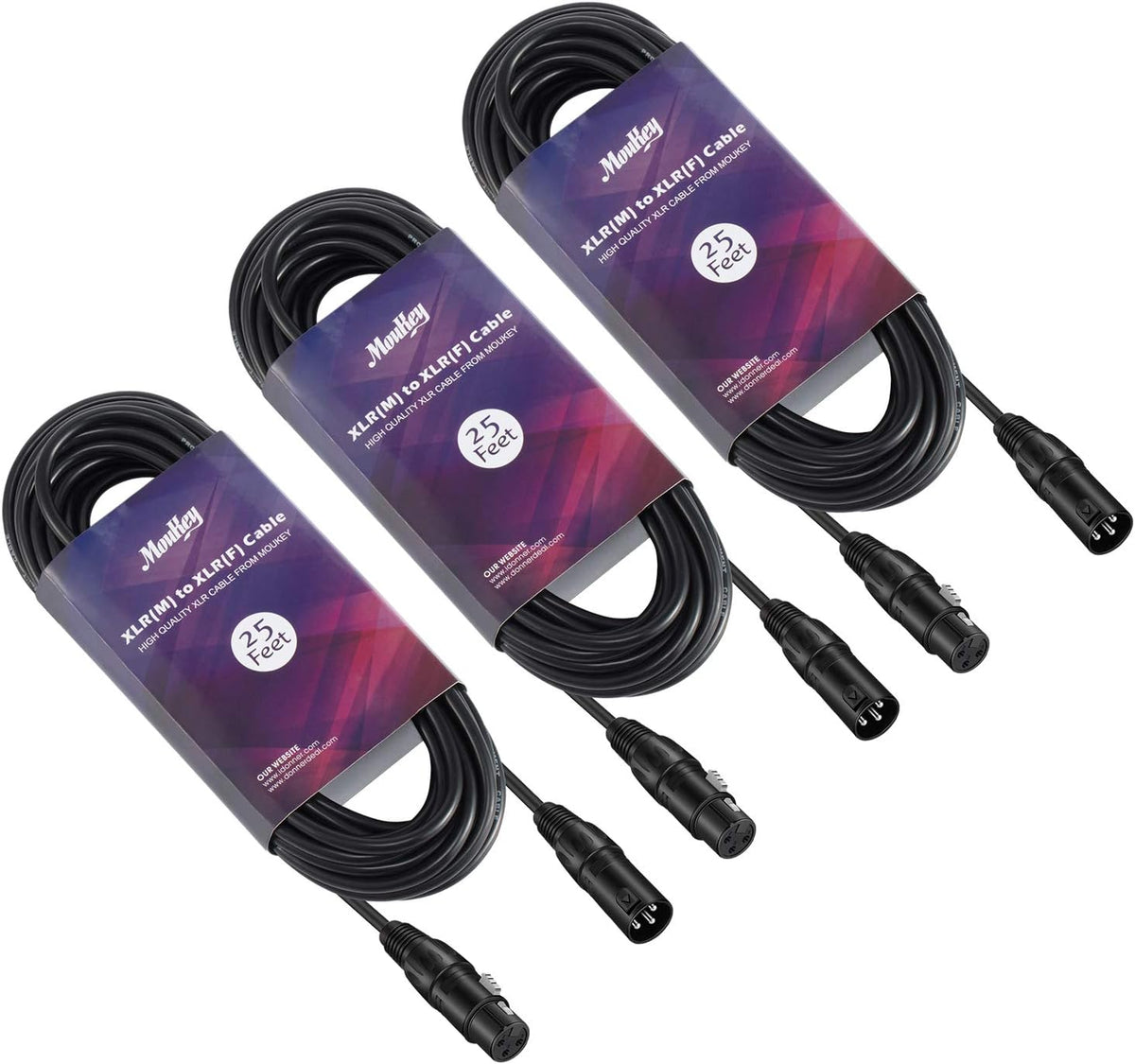 25ft XLR Microphone Male to Female Mic Cables Black 3-Pack L1337