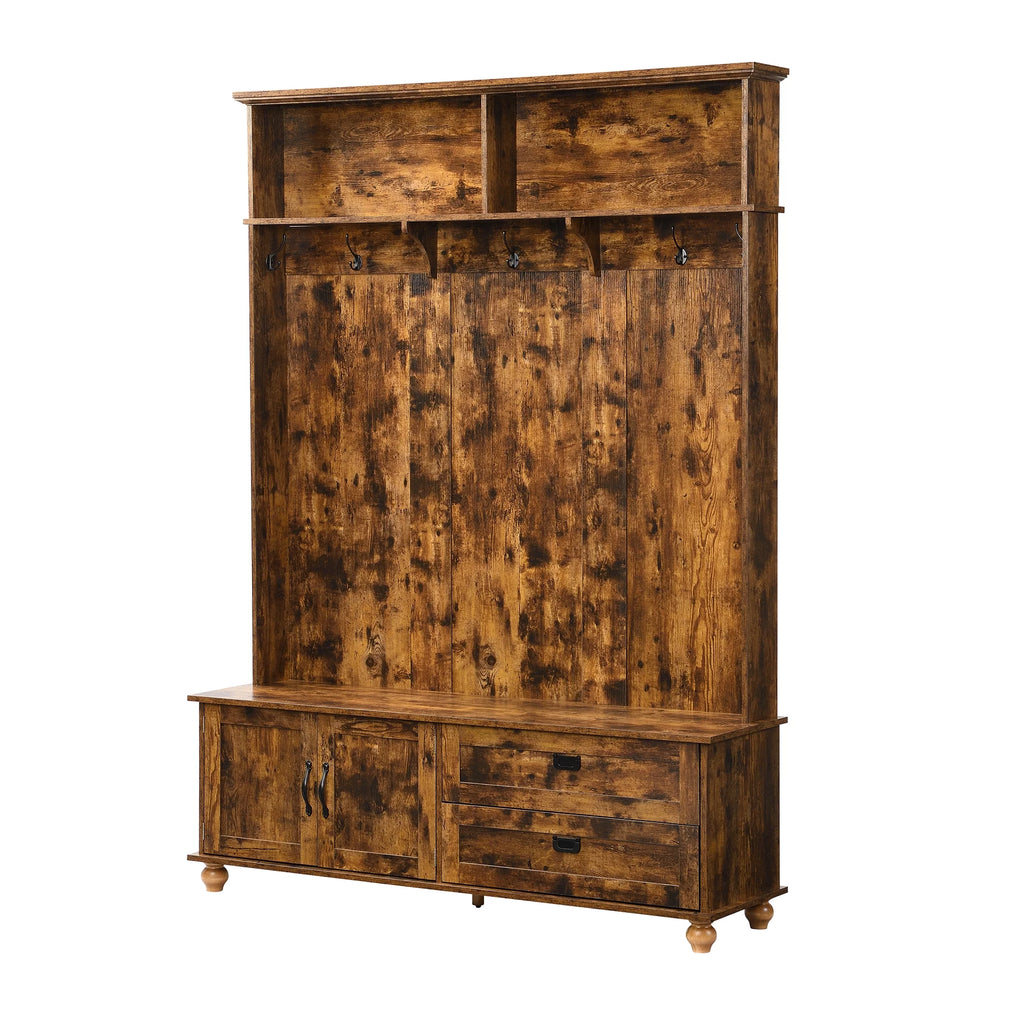 Rustic Brown Hall Tree with Storage Cabinet and 2 Drawers W56852