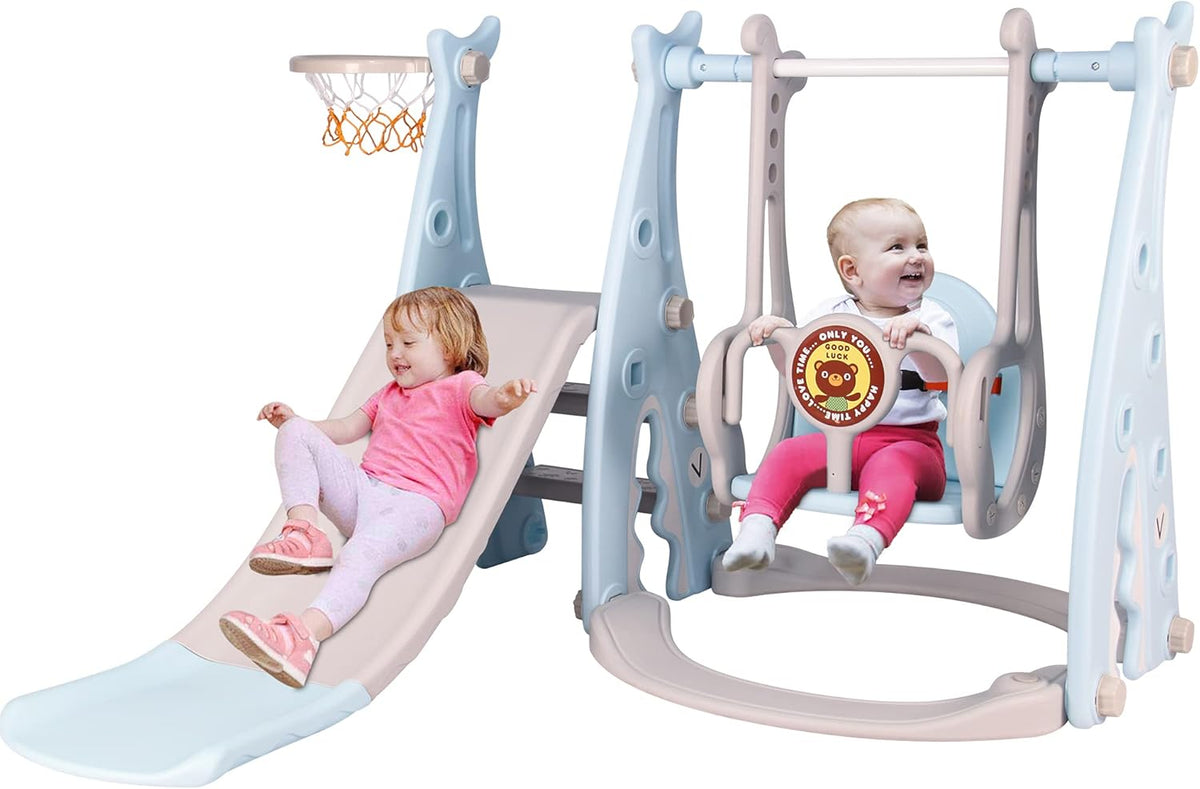 Toddler Slide and Swing Set, 4 in 1 Kids Play Set, 53” Slide, Activity Center with Basketball Hoop S330949