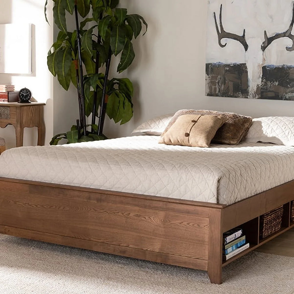 Queen Size Ash Walnut Brown Wood Storage Bed Frame Q1821