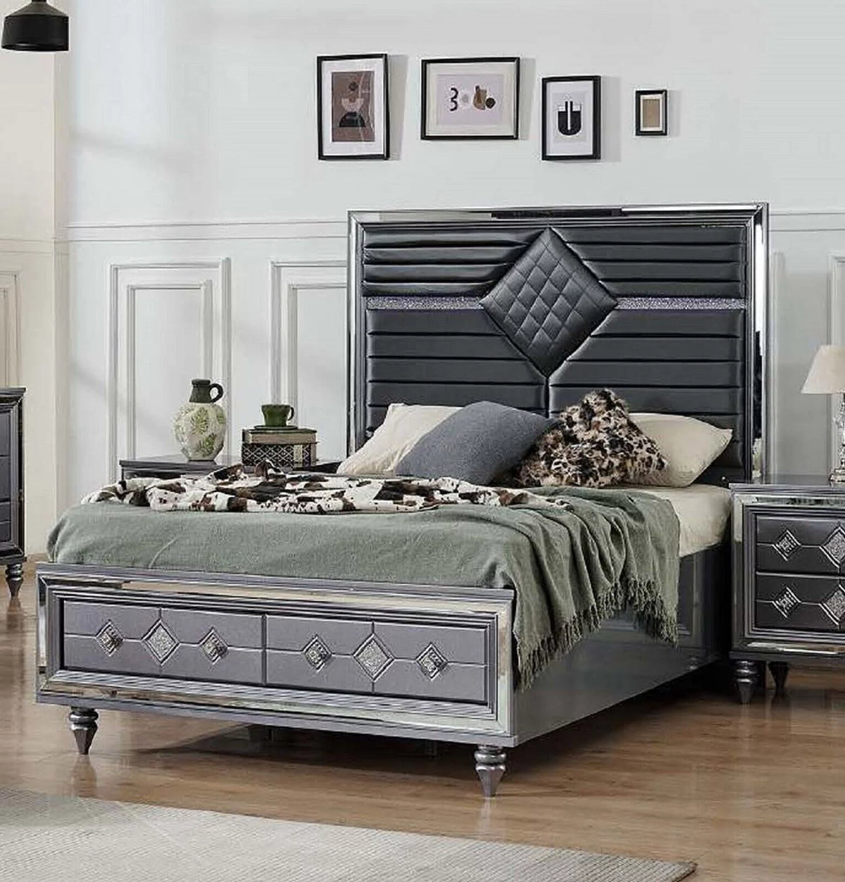 Dark Gray King Storage Bed with Dresser Mirror Nightstand B1576