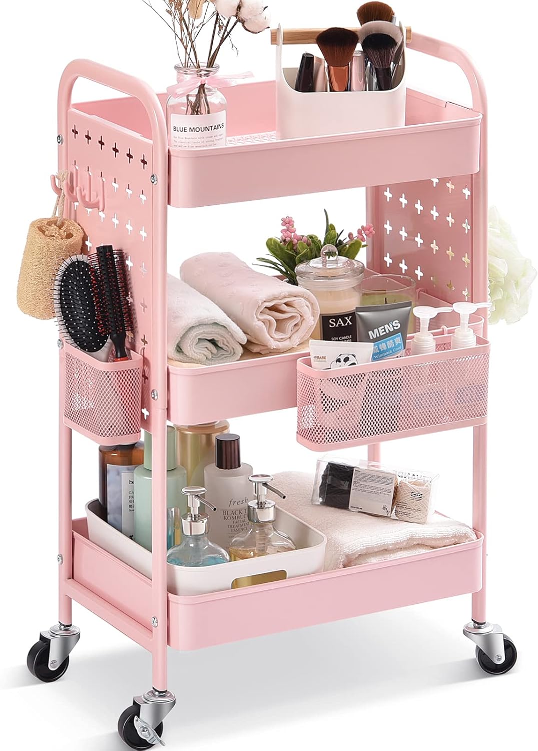 3-Tier Rolling Utility Storage Cart with Removable Baskets Hooks V812225