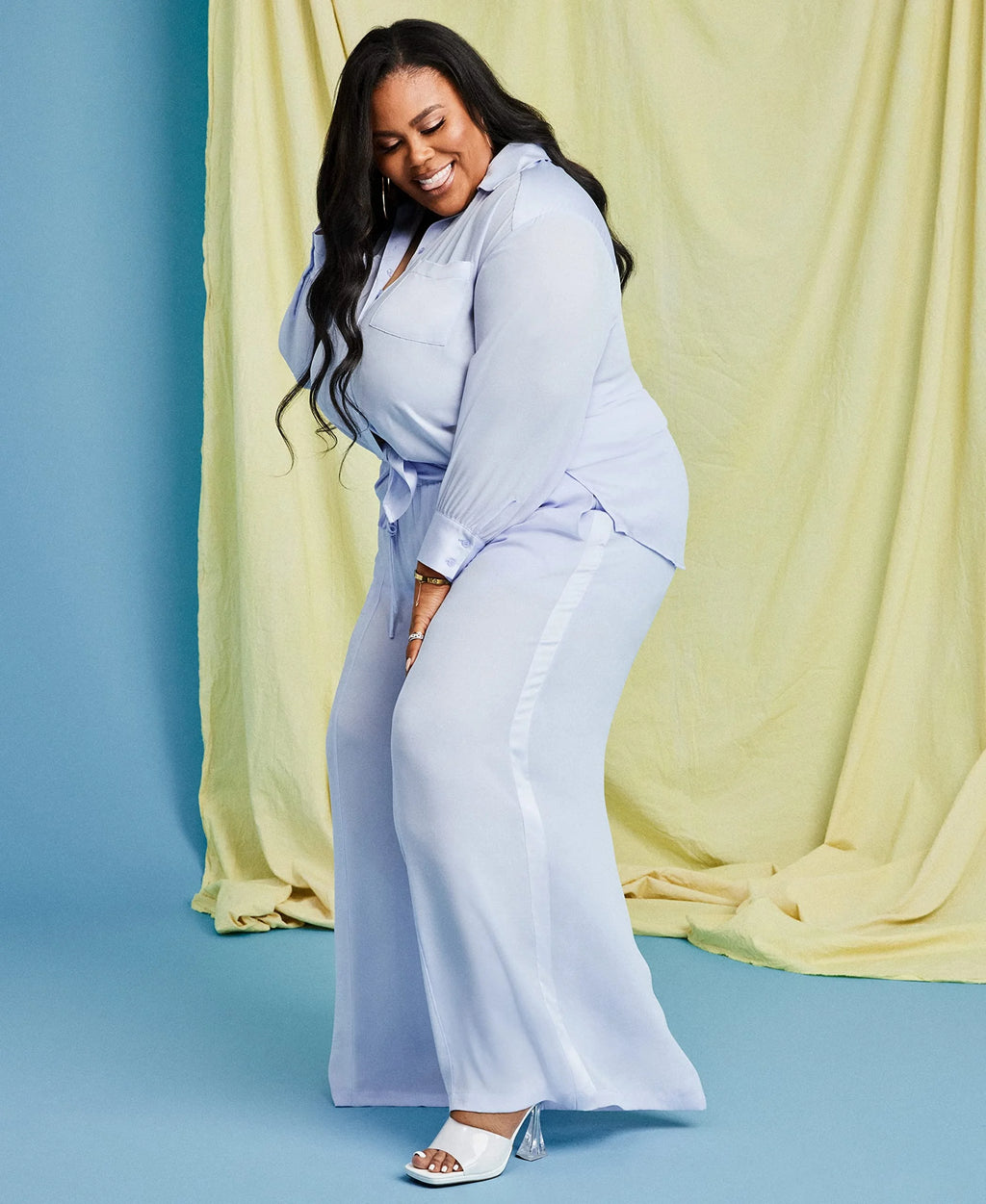 Plus Size Satin-Trim Wide-Leg Pants Blue 2X G682822