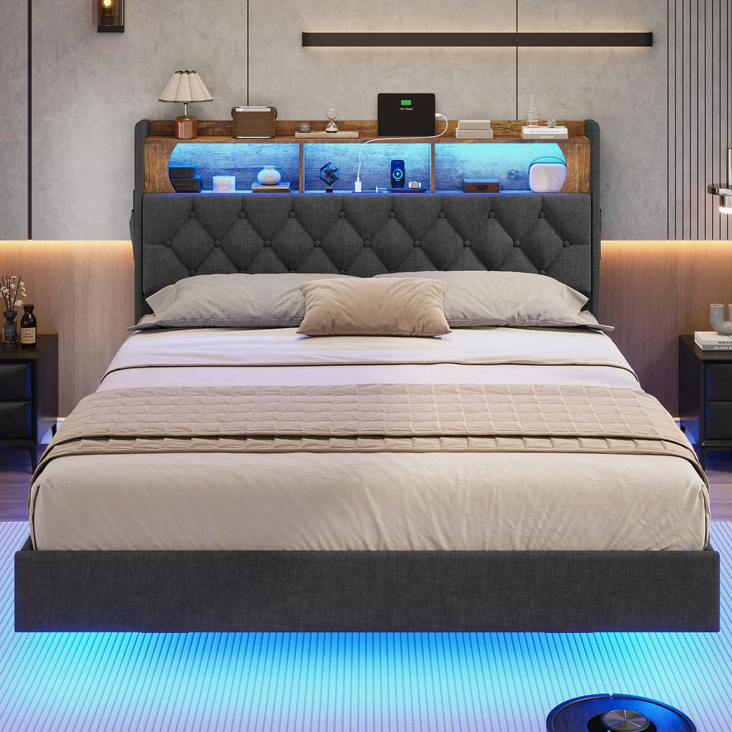 Full Size Platform Bed Frame with Charging Station and LED Lights S87341