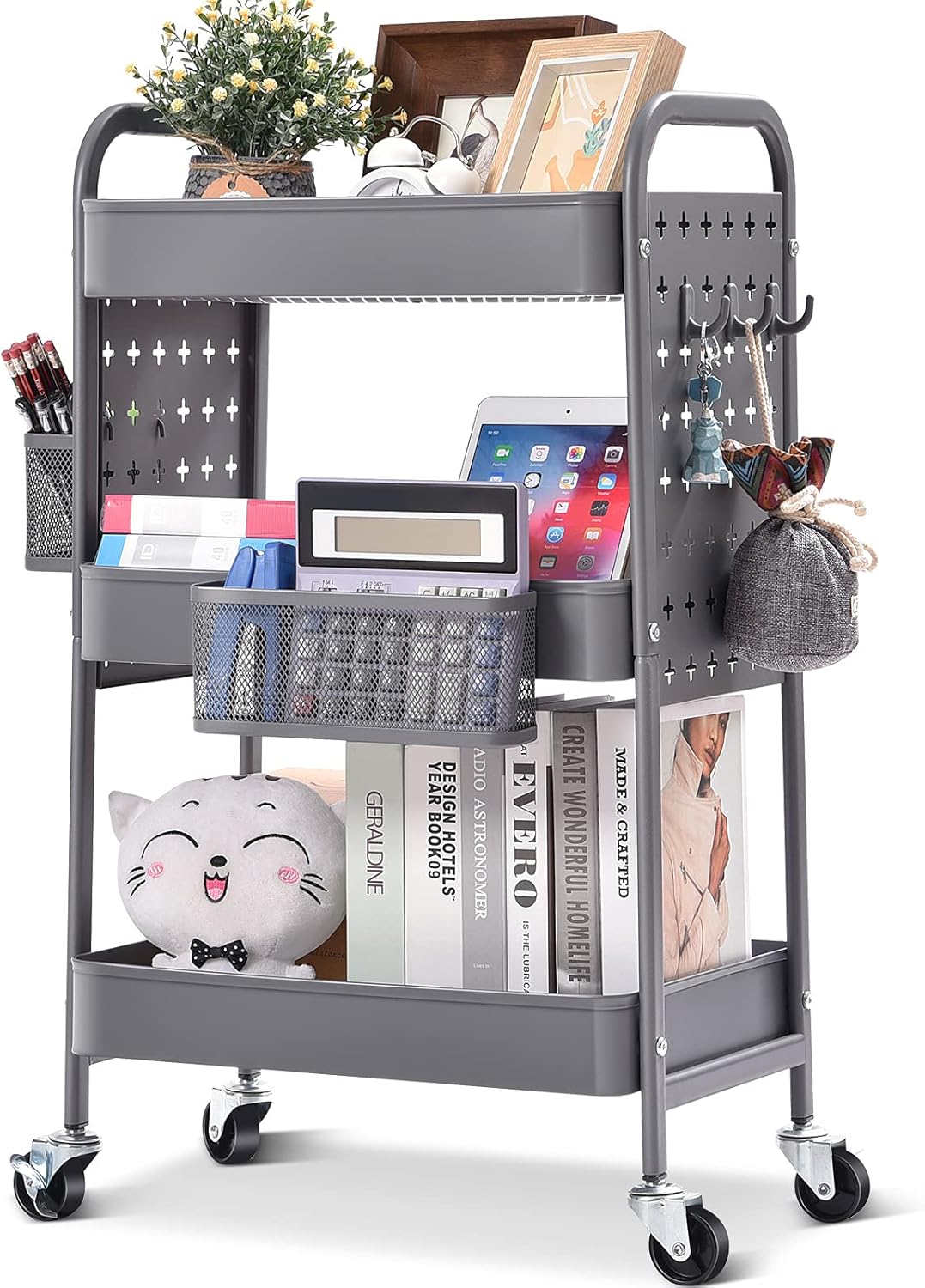 3-Tier Rolling Utility Storage Cart with Removable Baskets Hooks V812225