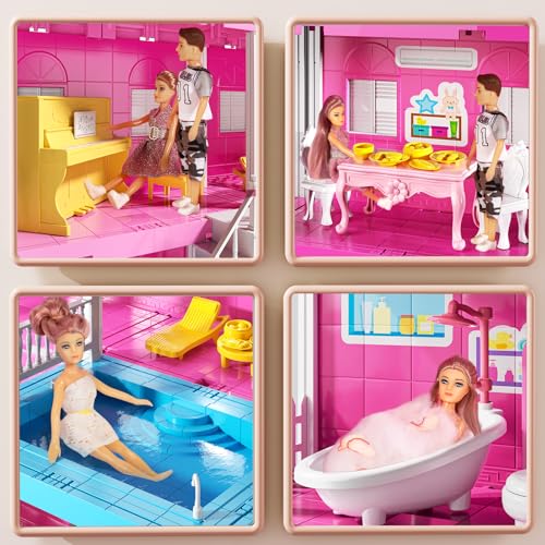Pink Girl House Playset with 4 Storeys 10-Room and 2 Dolls Q379