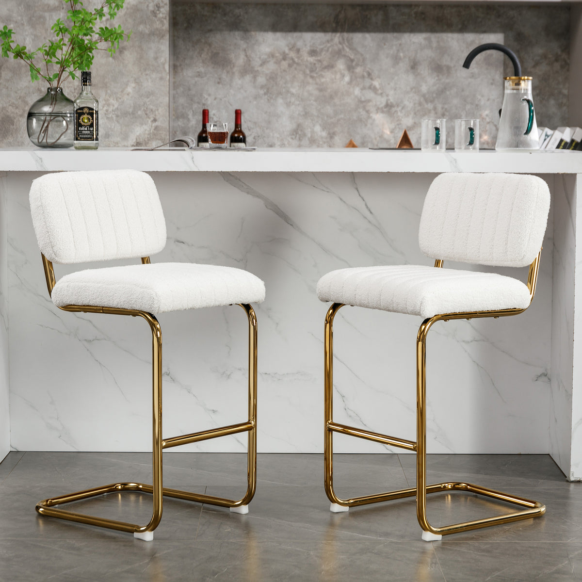 Ivory Boucle Fabric Counter Height Bar Stools Set of 2 M755