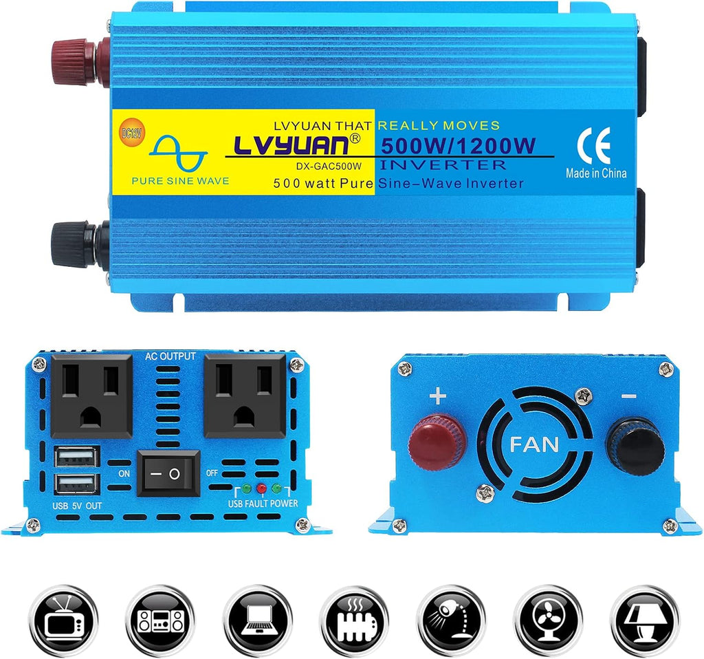 4000W Pure Sine Wave Power Inverter 12V DC to 110V 120V AC with 4 AC Outlets and 3.1A USB Port V9502