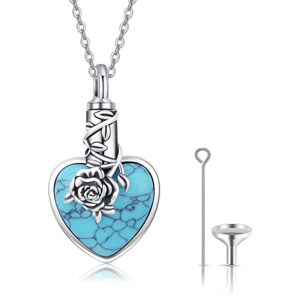 Natural Turquoise Urn Necklace Sterling Silver Heart Pendant Necklaces for Ashes U627330