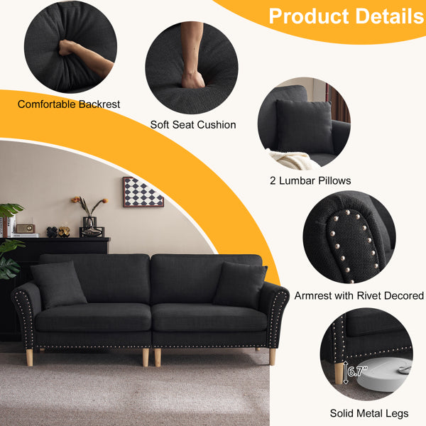 Black Upholstered 2-Seat Loveseat Sofa with 2 Pillows H606