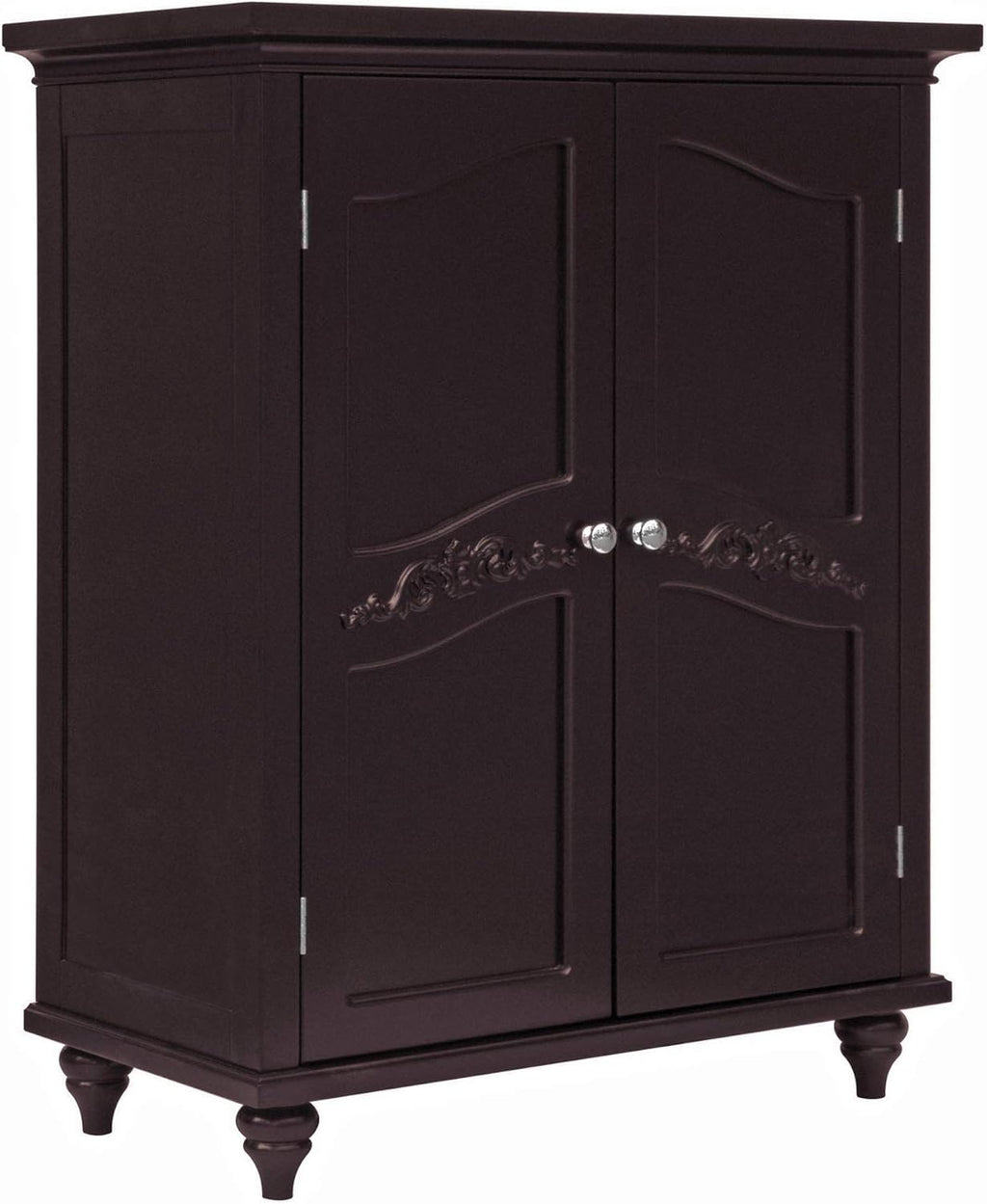 Freestanding Floor Cabinet with 2 Floral Scroll Doors and 2 Adjustable Shelves, Dark Espresso M346