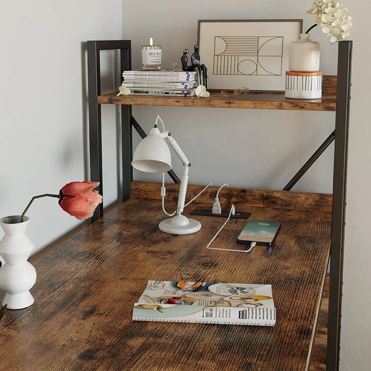 55" Computer Desk with Power Outlet and Storage Shelves L73322