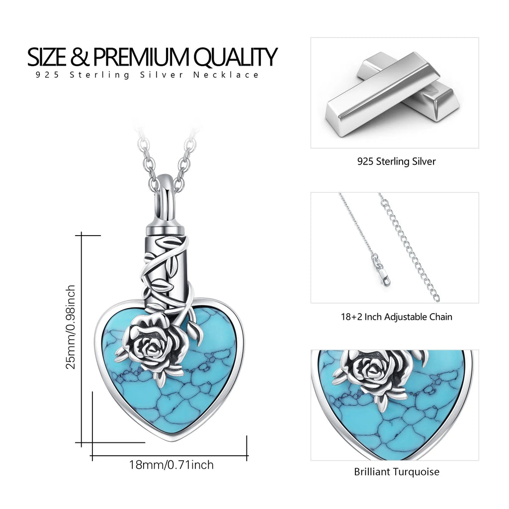 Natural Turquoise Urn Necklace Sterling Silver Heart Pendant Necklaces for Ashes U627330