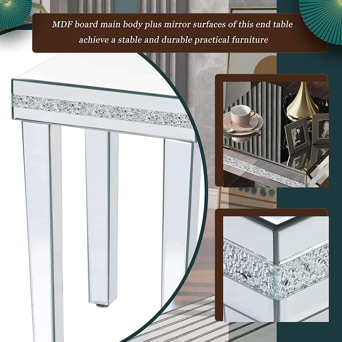 Modern Glass Mirrored Side Table with Crystal Design and Adjustable Height Legs Y696