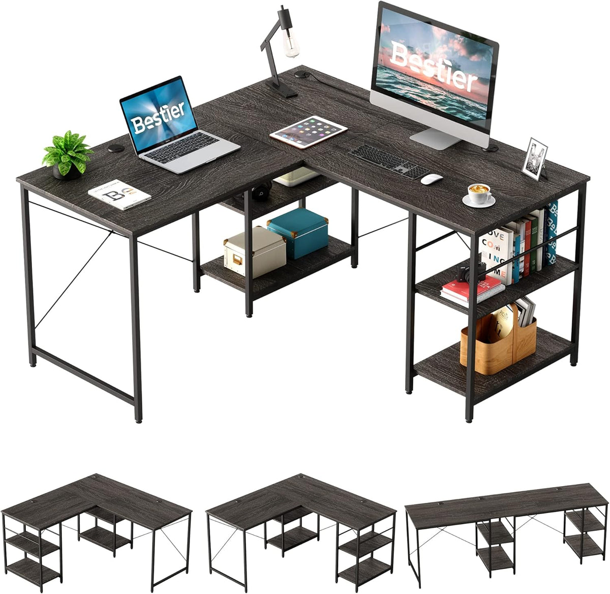 Grey Oak L Shaped Desk with Shelves 95.2 Inch Reversible Corner Computer Desk S893