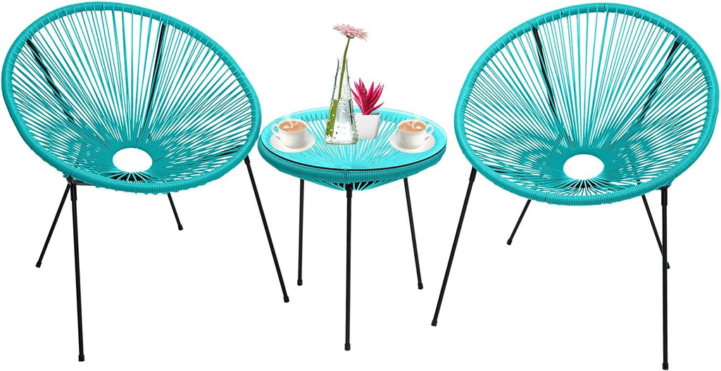 3-Piece Outdoor Acapulco Chair Patio Bistro Set with Glass Top Table (Blue) S404