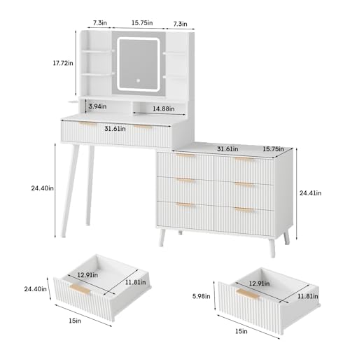White L Shape Vanity Desk with Mirror and Lights, 8 Drawers & Shelves N1580