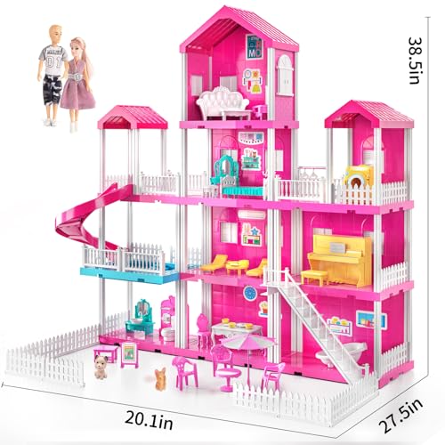 Pink Girl House Playset with 4 Storeys 10-Room and 2 Dolls Q379